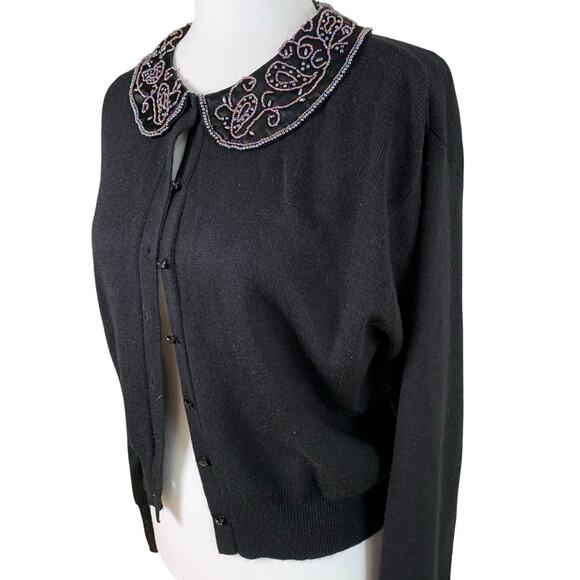 Vintage Hillard & Hanson Sz M Beaded Peterpan Collar Cardigan Sweater Black - Picture 1 of 9